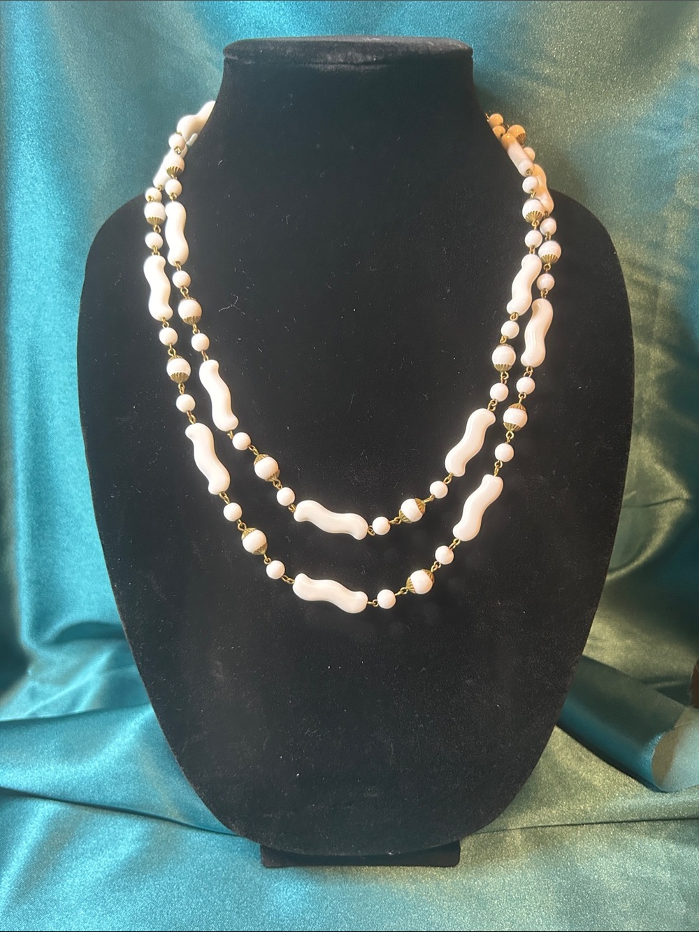 Vintage - Long White and Brass Beaded Necklace